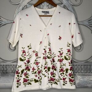 Retro by Renaissance Womens‎ White Cotton Floral Rose Short Sleeve Cardigan Sz M
